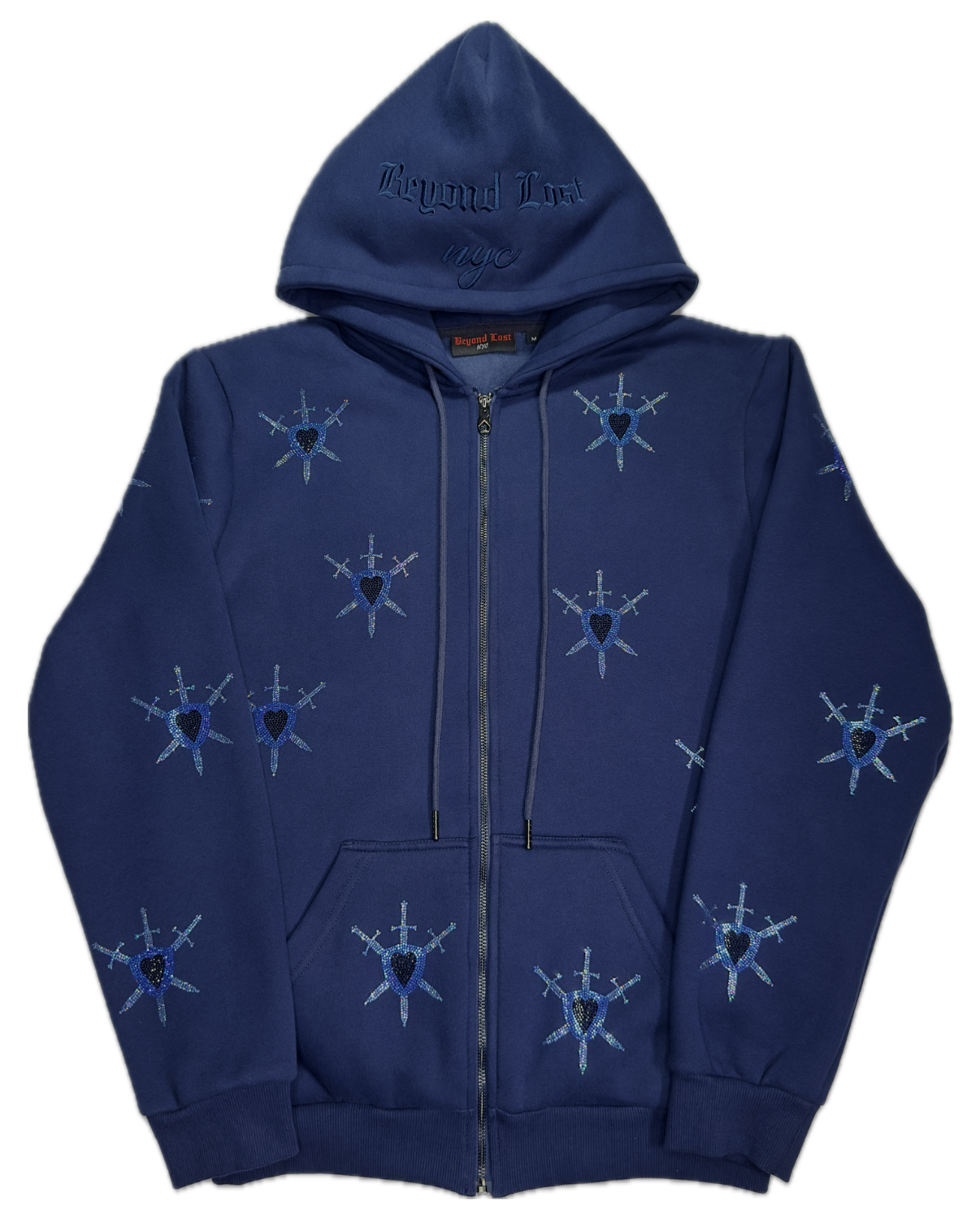 Updated design! Swords & Shields Navy Rhinestone Zip Up Hoodie w/3 panel hood (not shown)