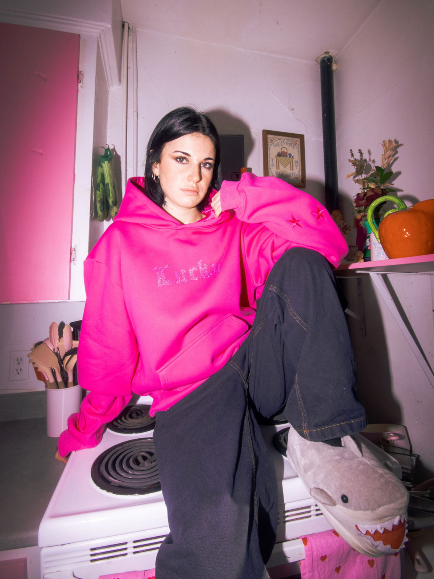 Lucky Collection: Pink Pullover Hoodie Crystal Iridescent Rhinestones