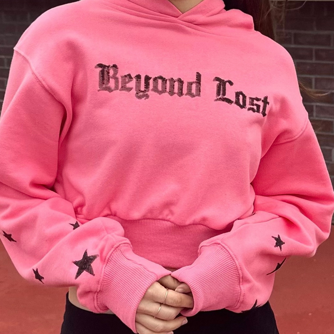 Pink with Cherry Sequins Cropped Hoodie. True to Size.