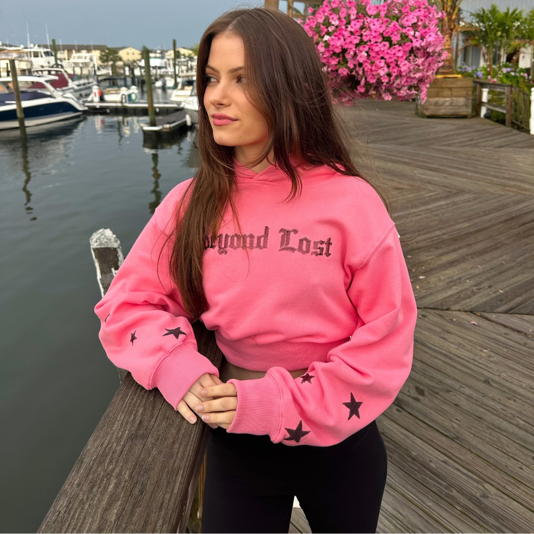 Pink with Cherry Sequins Cropped Hoodie. True to Size.