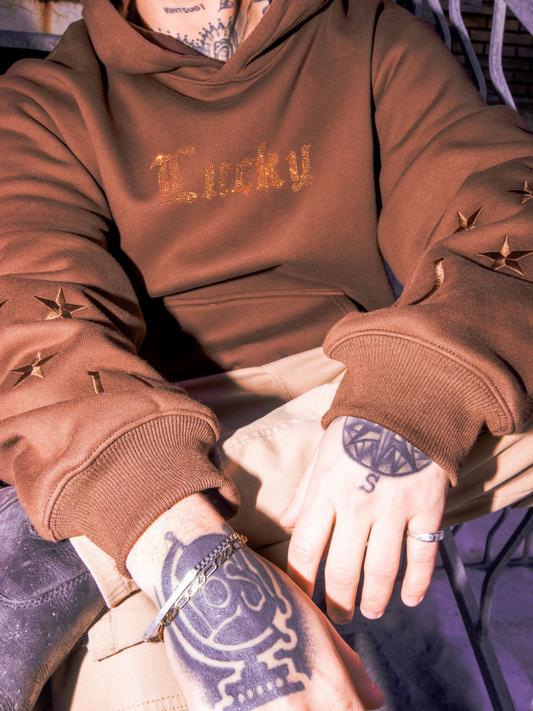 Lucky Collection: Brown Pullover Hoodie Iridescent Rhinestones