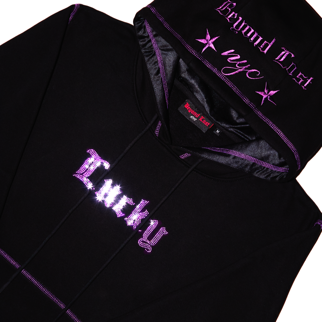Lucky Collection: Black and Purple Hoodie Iridescent Rhinestones