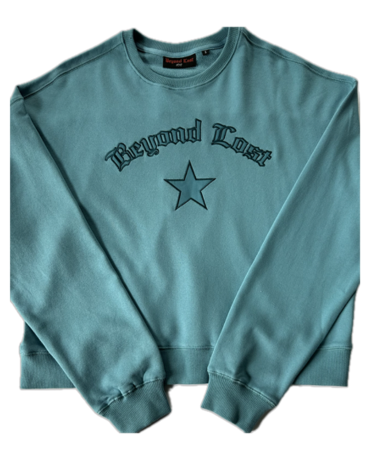 Aqua Blue Waist Length Crewneck Sweatshirt. Lightweight Oversized. Limited Edition!