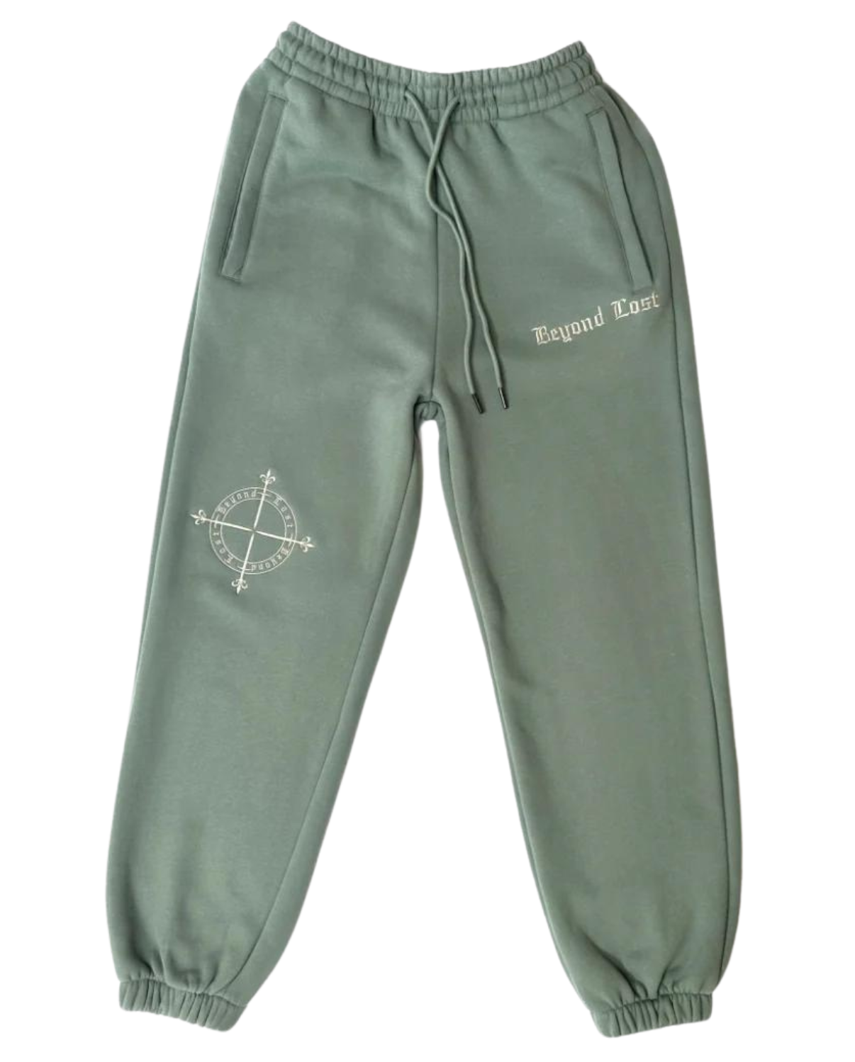 Moss Green Sweatpants: Light Green Embroidery, 3 Zip Pockets- Oversized/Unisex