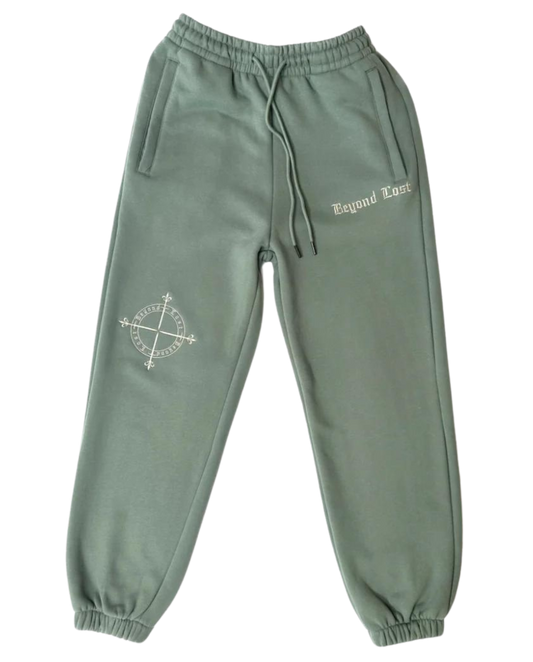 Moss Green Sweatpants: Light Green Embroidery, 3 Zip Pockets- Oversized/Unisex