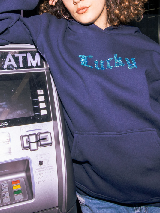 Lucky Collection: Navy Pullover Hoodie Iridescent Rhinestones