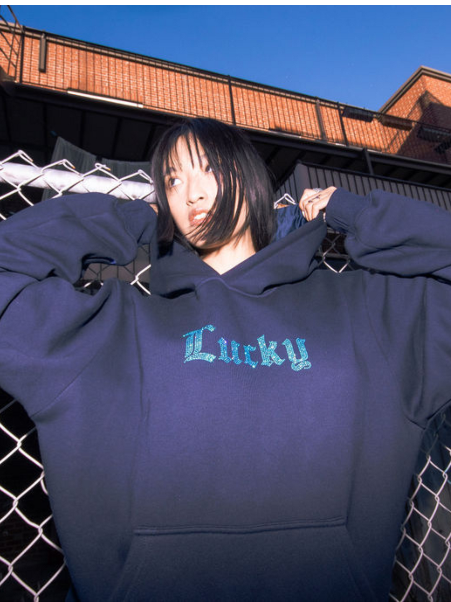 Lucky Collection: Navy Pullover Hoodie Iridescent Rhinestones