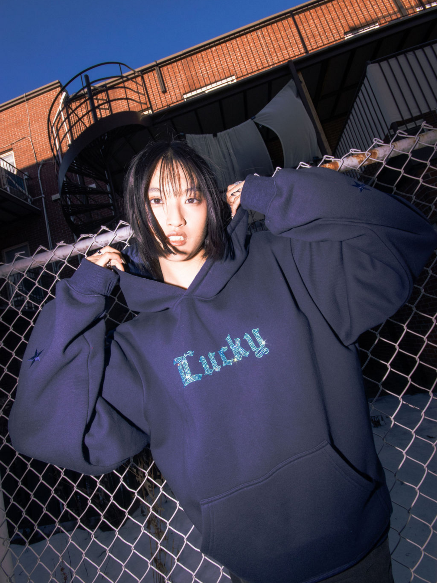 Lucky Collection: Navy Pullover Hoodie Iridescent Rhinestones