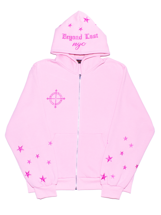 Pink Moon & Stars Zip Up Hoodie: Pink Embroidery