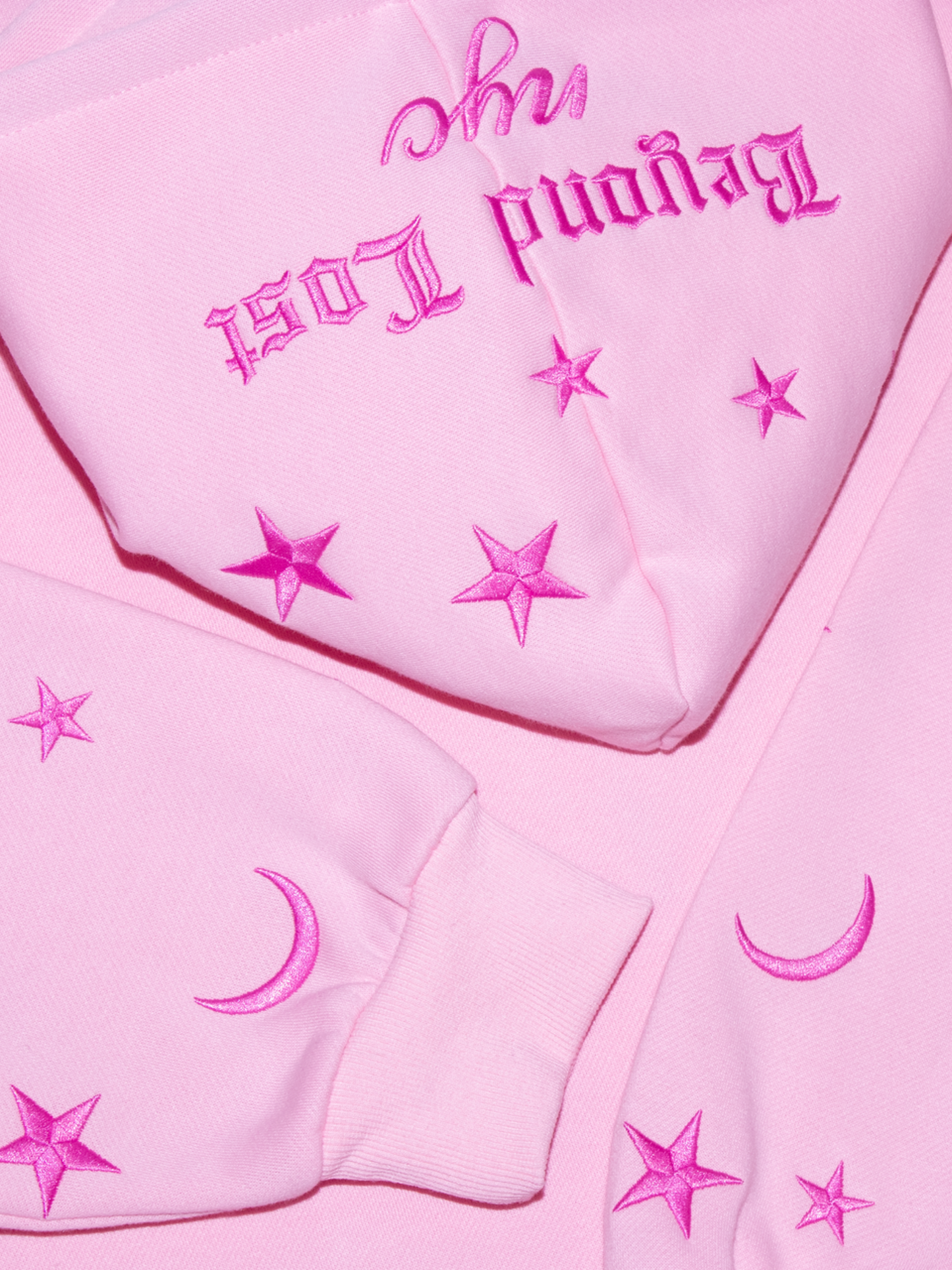 Pink Moon & Stars Zip Up Hoodie: Pink Embroidery