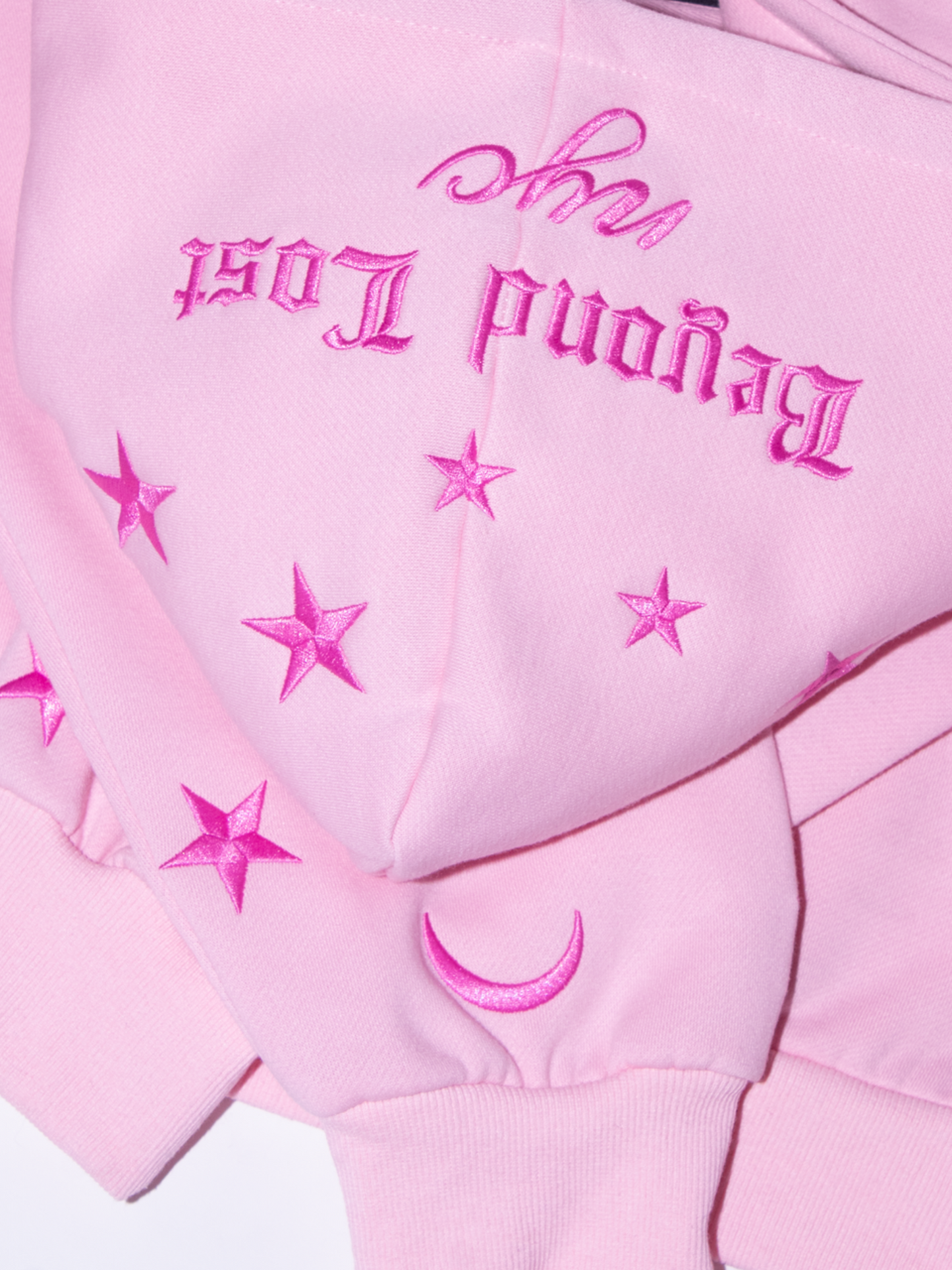 Pink Moon & Stars Zip Up Hoodie: Pink Embroidery