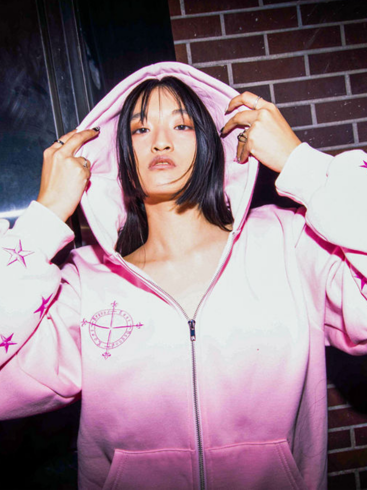 Pink Moon & Stars Zip Up Hoodie: Pink Embroidery