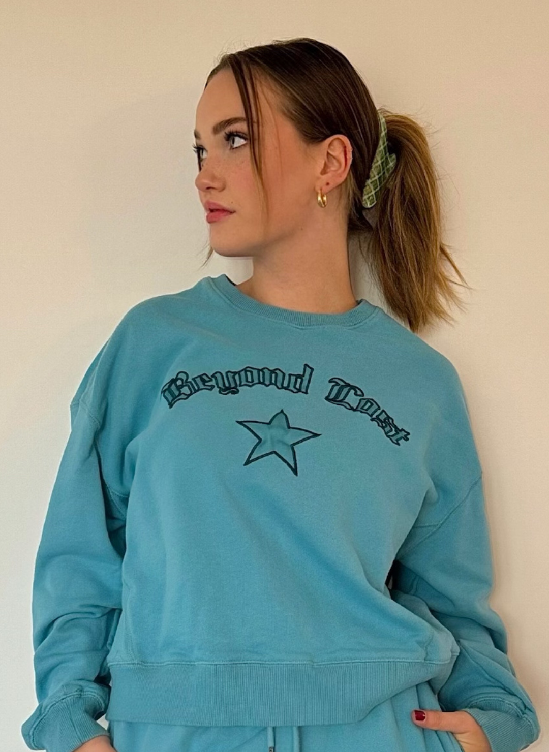 Aqua Blue Waist Length Crewneck Sweatshirt. Lightweight Oversized. Limited Edition!