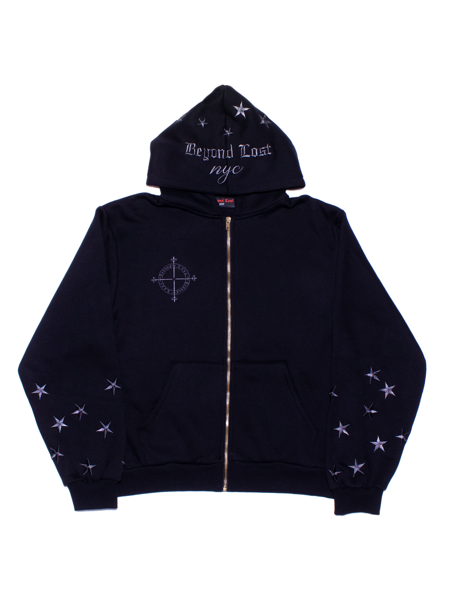 Black Moon & Stars Zip Up Hoodie: Black Embroidery