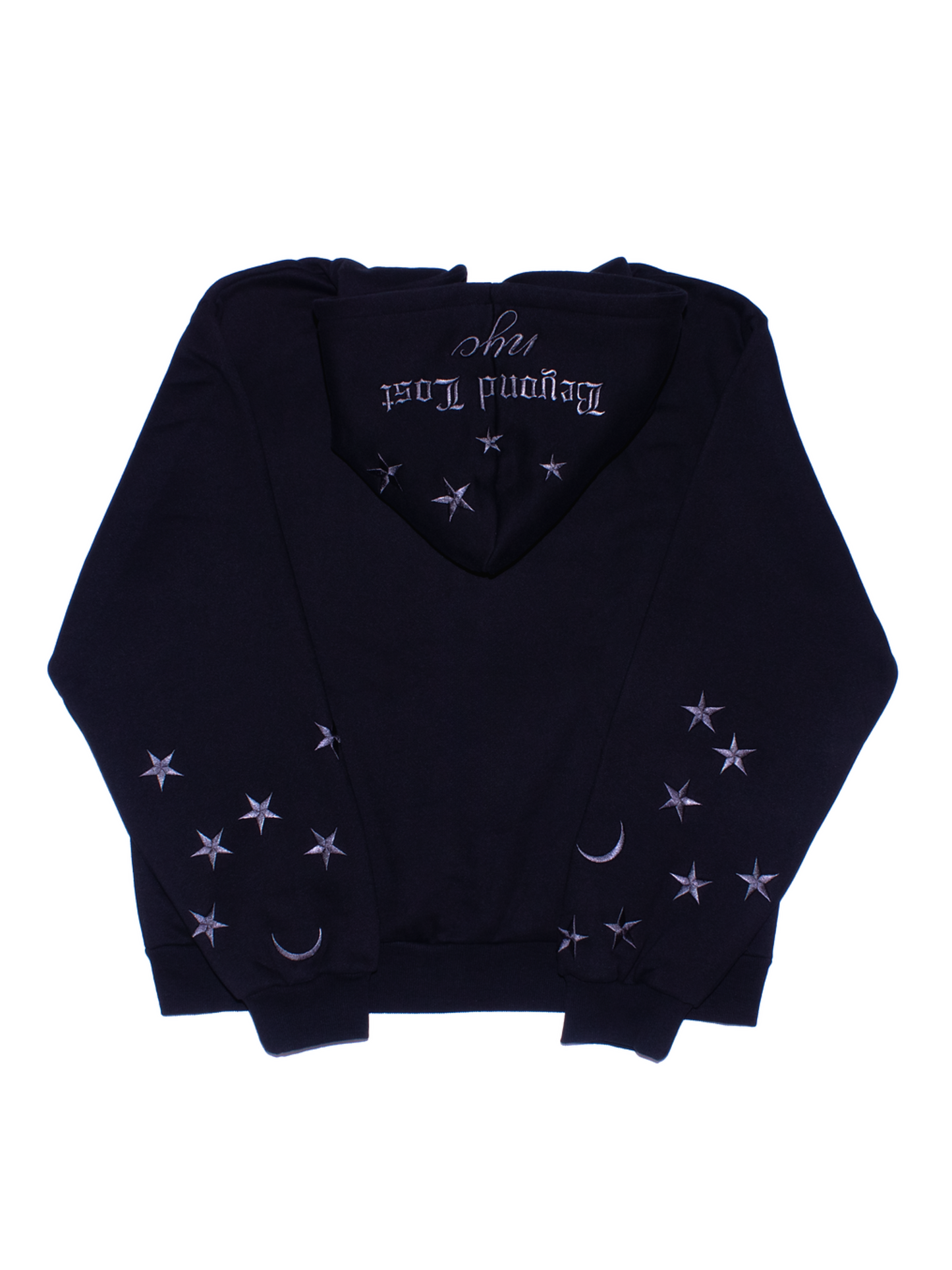 Black Moon & Stars Zip Up Hoodie: Black Embroidery