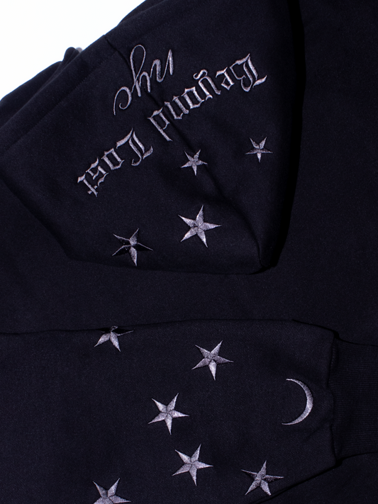 Black Moon & Stars Zip Up Hoodie: Black Embroidery