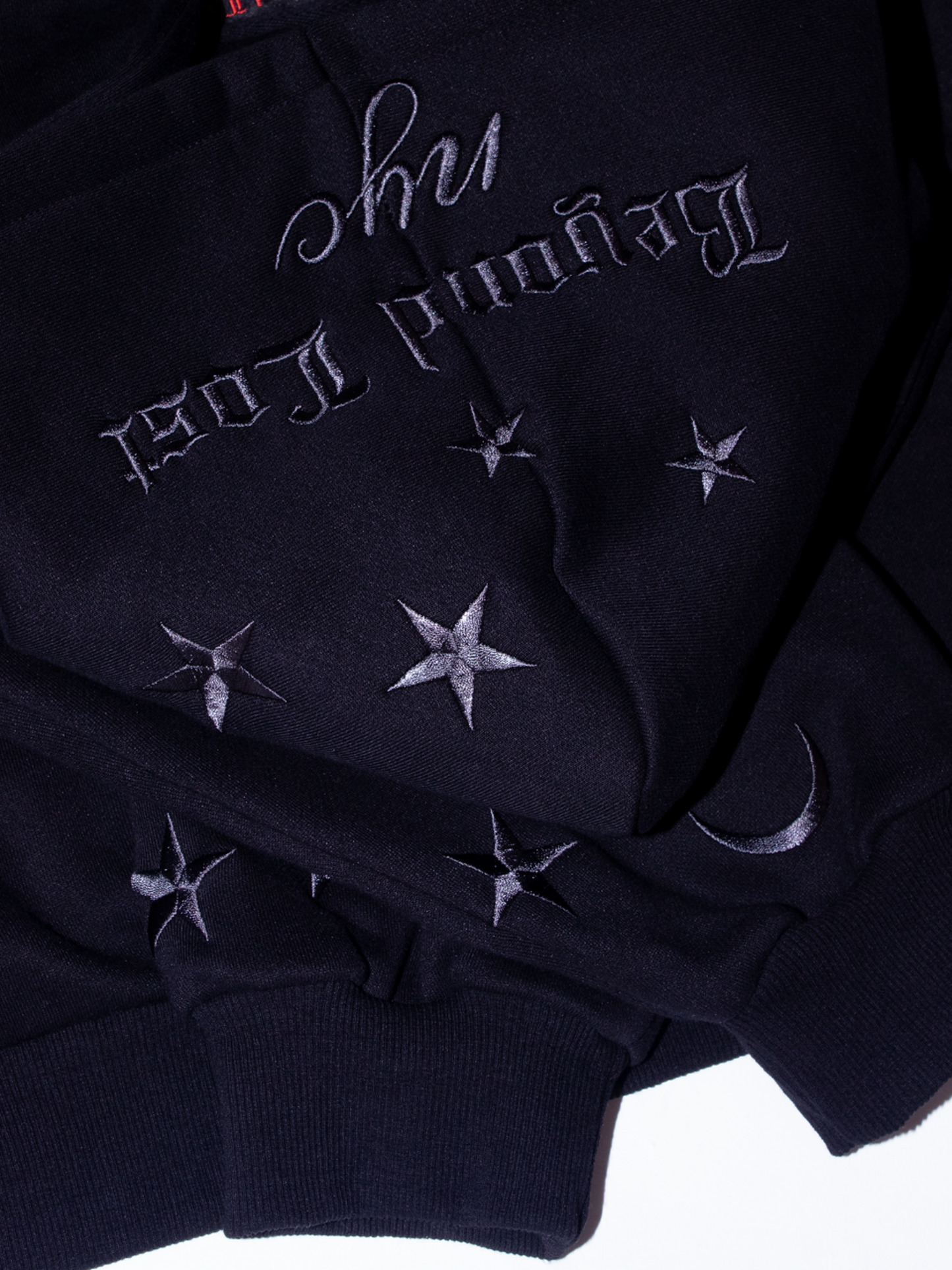 Black Moon & Stars Zip Up Hoodie: Black Embroidery