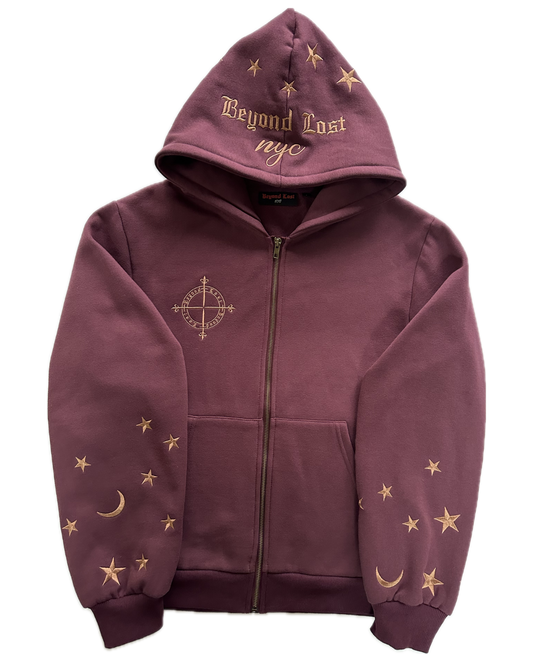 Burgundy Moon & Stars Zip Up Hoodie: Burgundy Embroidery