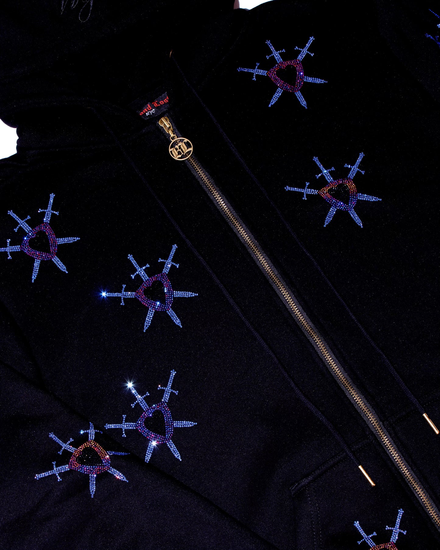 Black Rhinestone Zip Up Hoodie: Swords & Shields