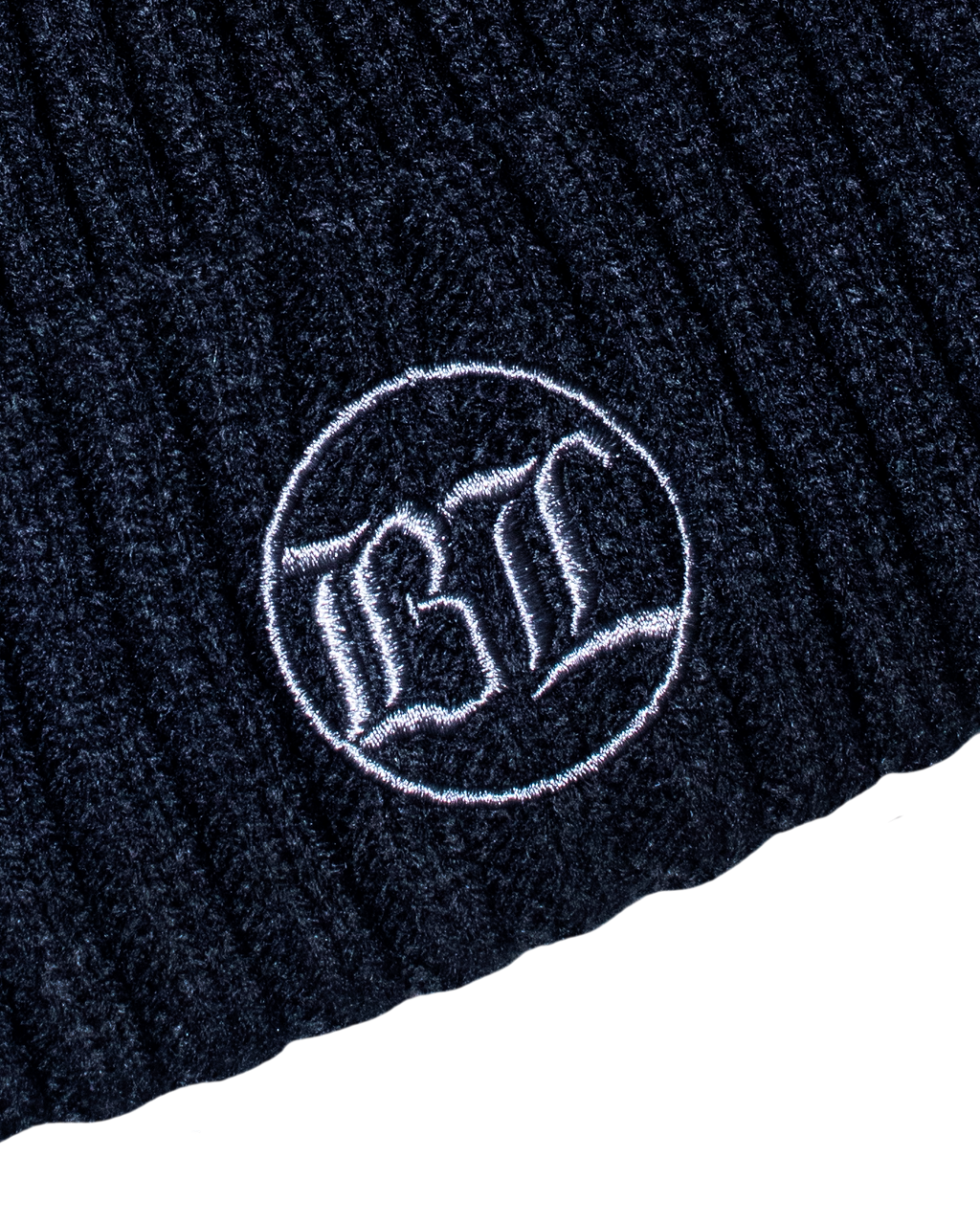 Black Loose Knit Beanie: Black w/ Charcoal Embroidery
