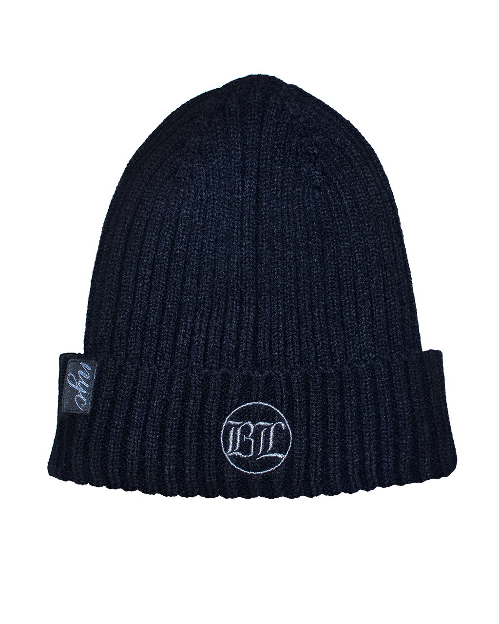 Black Loose Knit Beanie: Black w/ Charcoal Embroidery