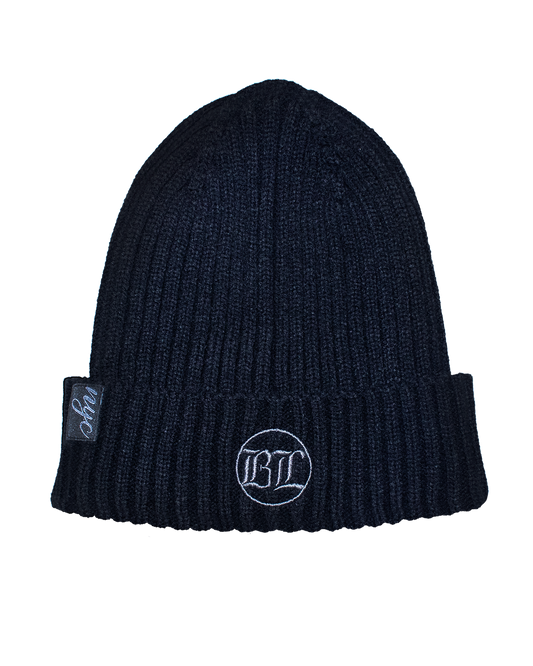 Black Loose Knit Beanie: Black w/ Charcoal Embroidery