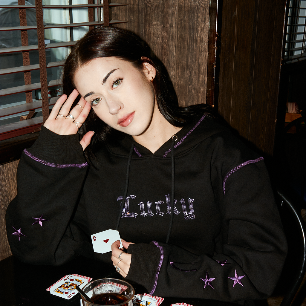 Lucky Collection: Black and Purple Hoodie Iridescent Rhinestones