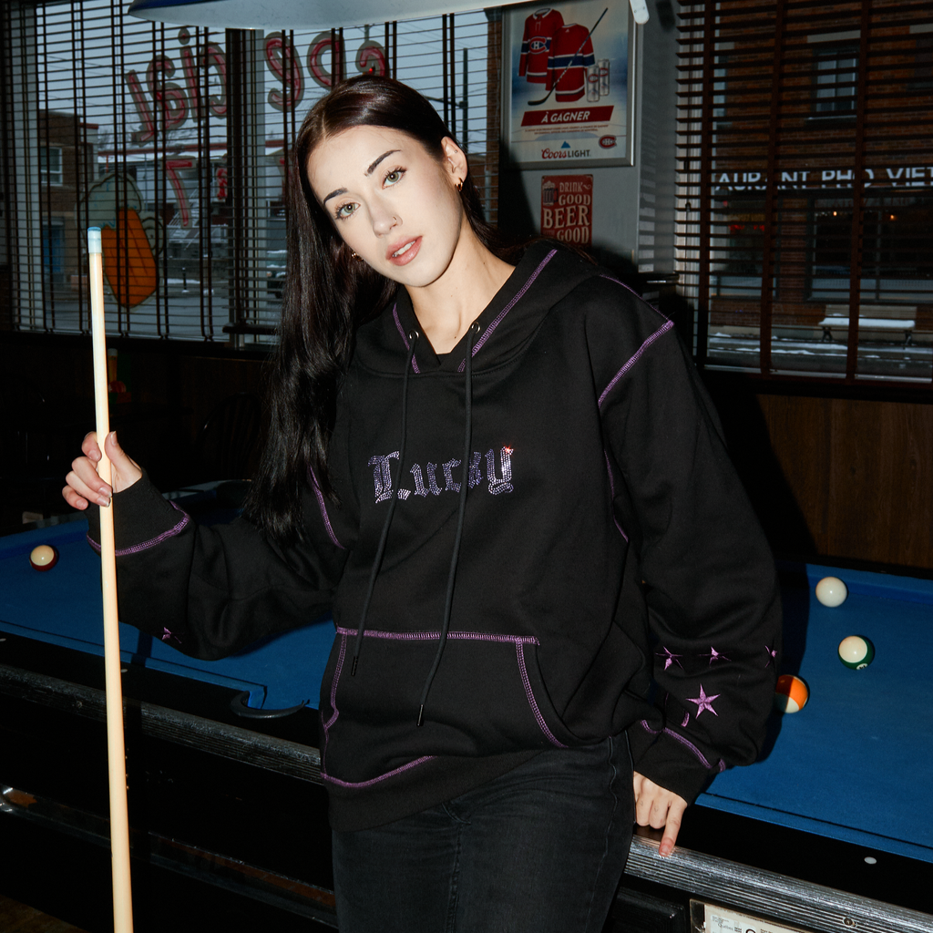Lucky Collection: Black and Purple Hoodie Iridescent Rhinestones