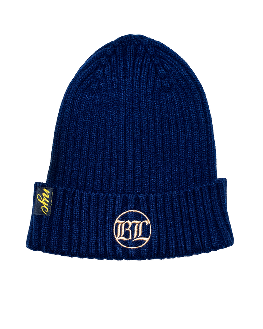 Navy Loose Knit Beanie: Navy w/ Gold Embroidery