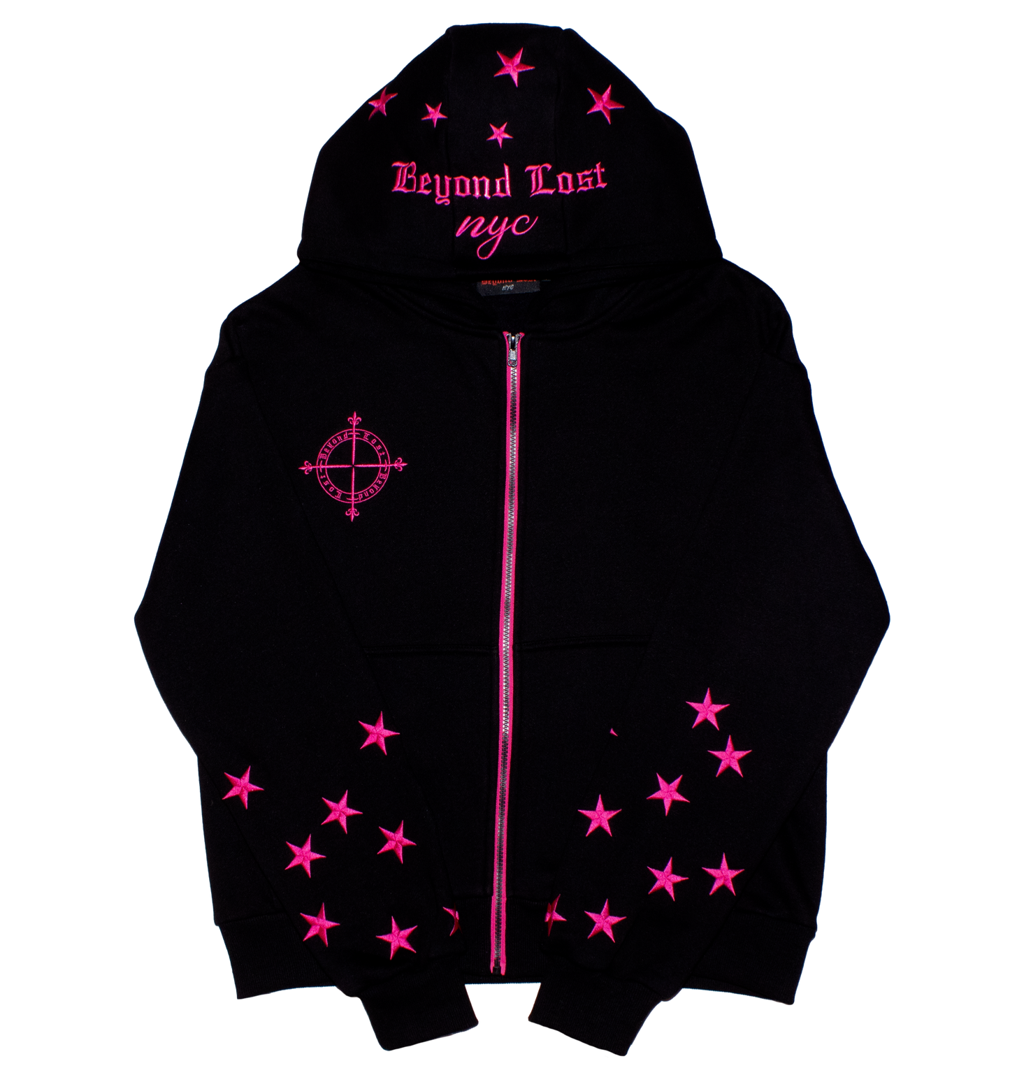 Black & Pink Zip Up Hoodie: Western Edit w/ Metallic Embroidery