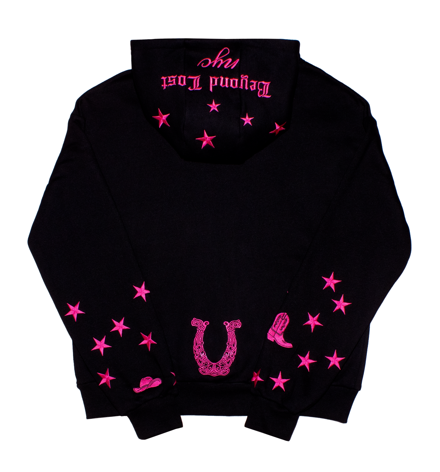 Black & Pink Zip Up Hoodie: Western Edit w/ Metallic Embroidery