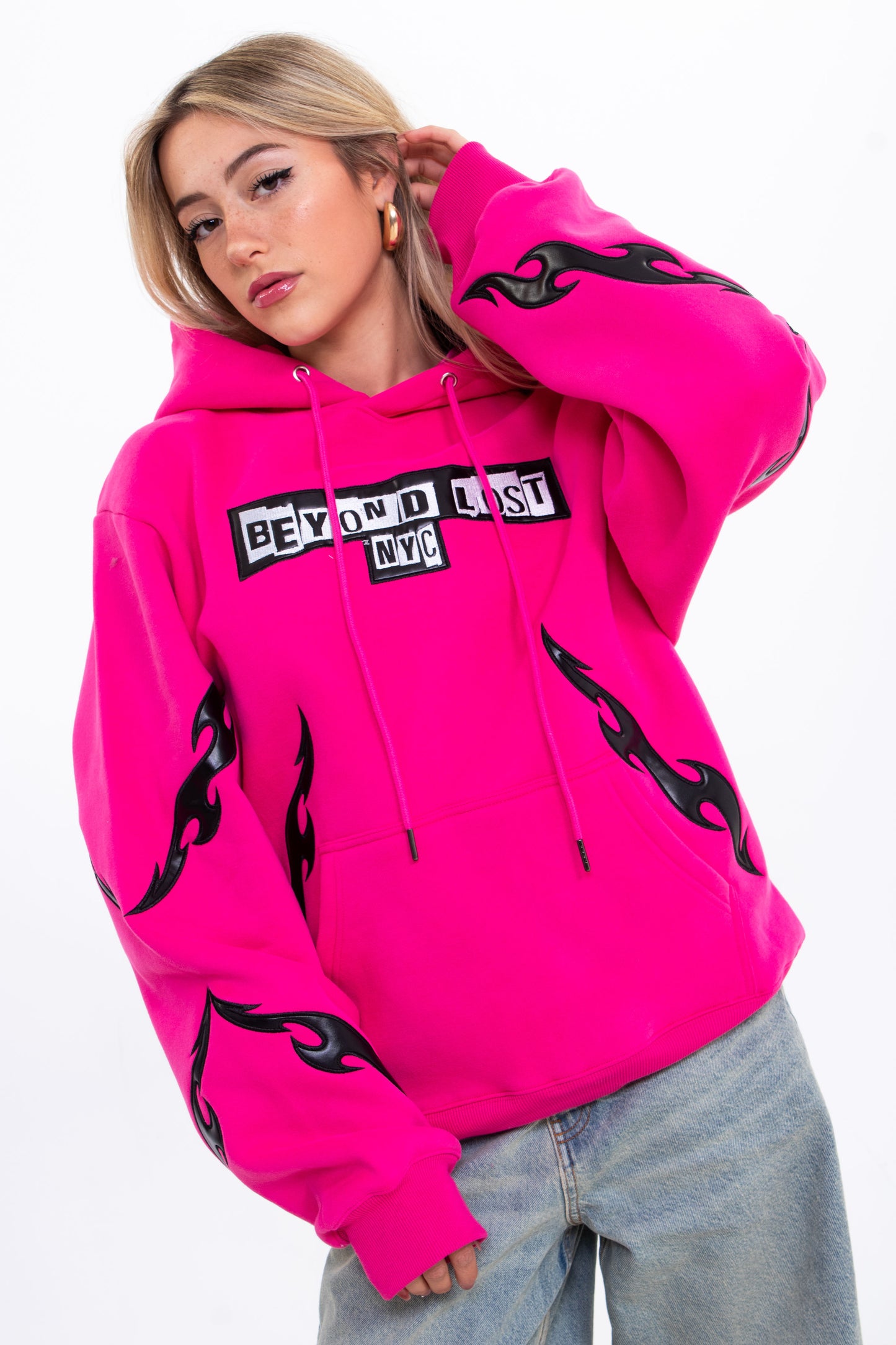 Neon Comfy Collection: Pink Hoodie w/Vegan Leather Design