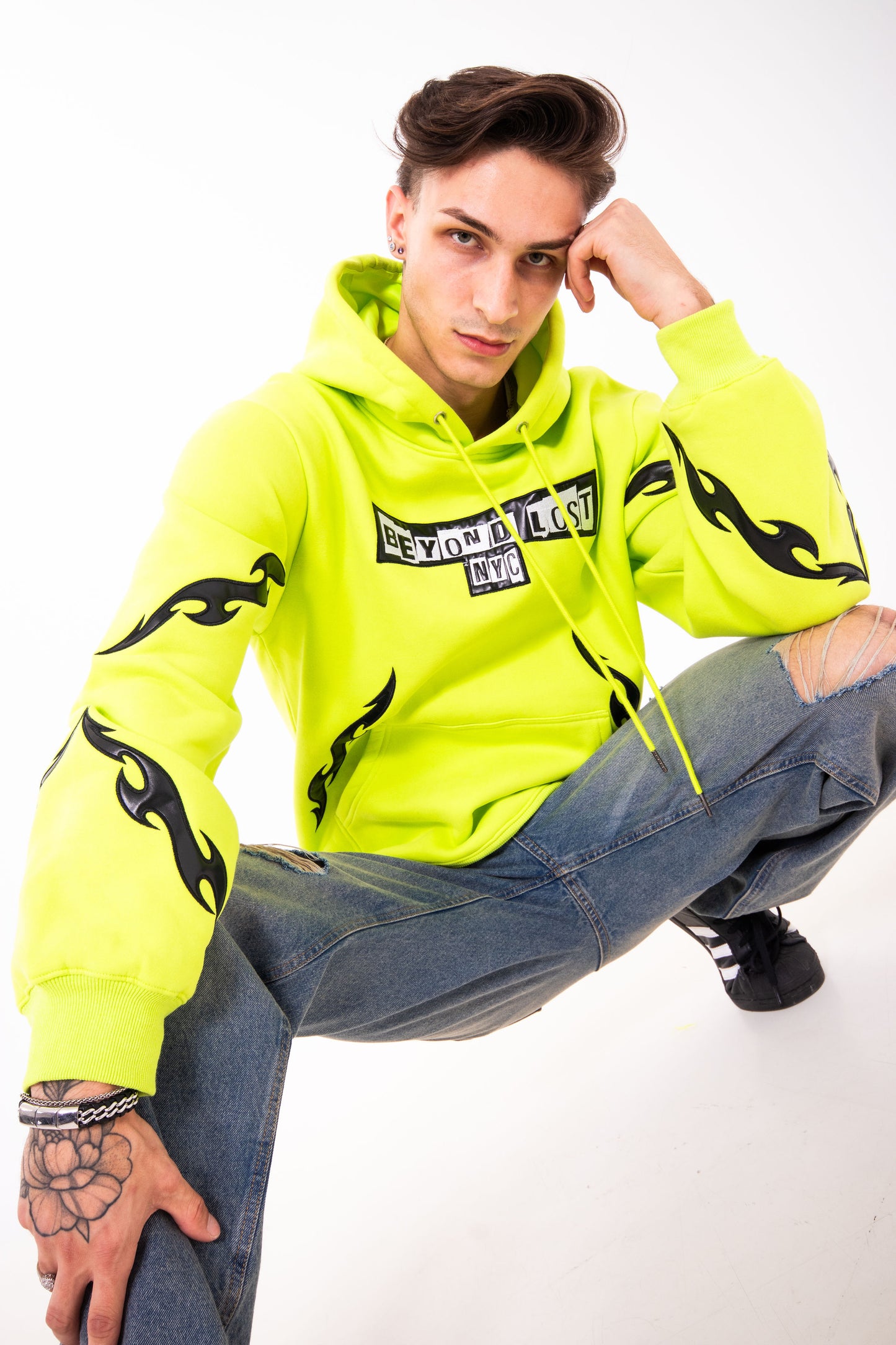 Neon Comfy Collection: Green Hoodie w/Vegan Leather Design
