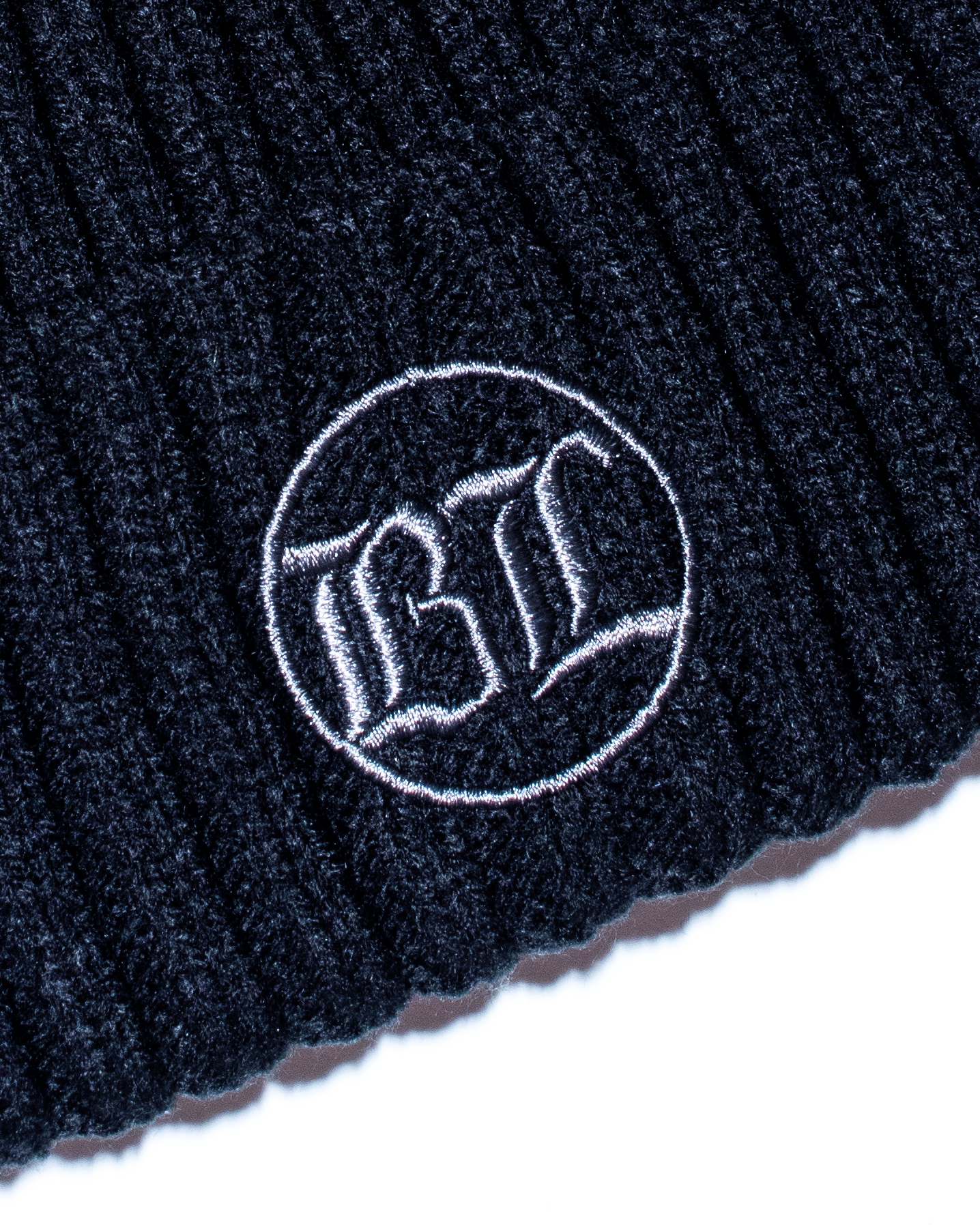 Black Loose Knit Beanie: Black w/ Charcoal Embroidery