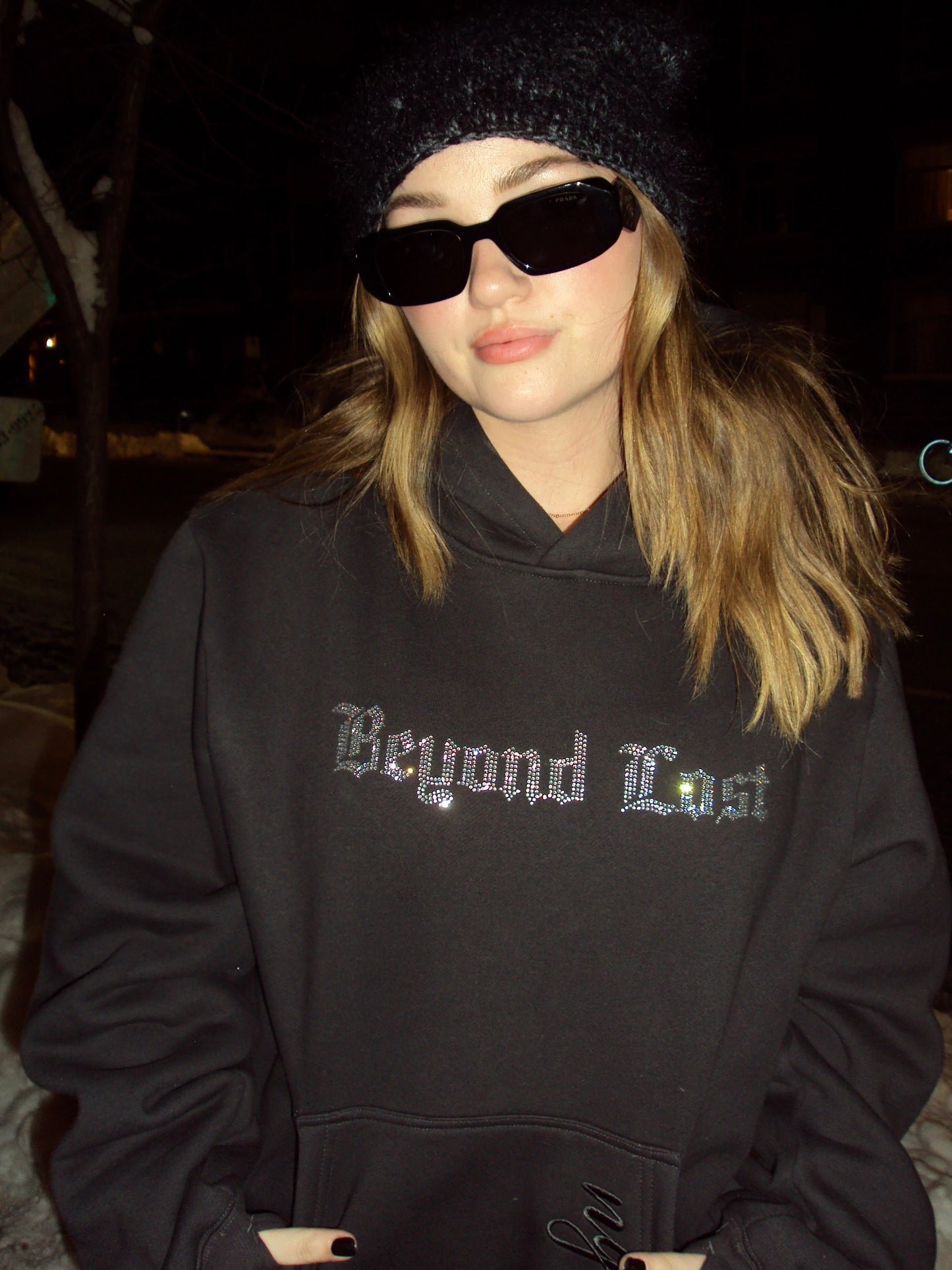 Onyx Black Oversized Pullover Hoodie: Crystal Rhinestones