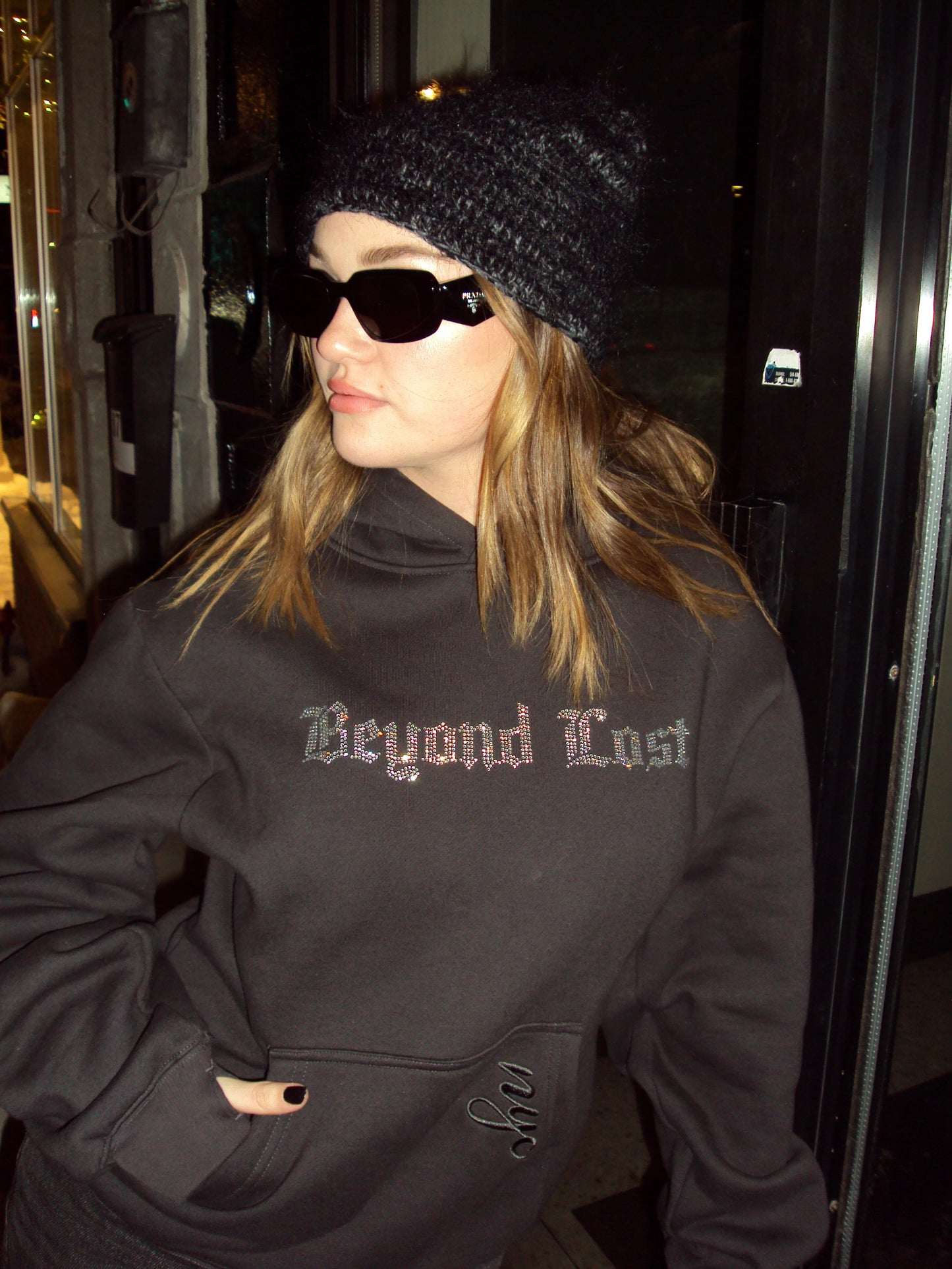 Onyx Black Oversized Pullover Hoodie: Crystal Rhinestones