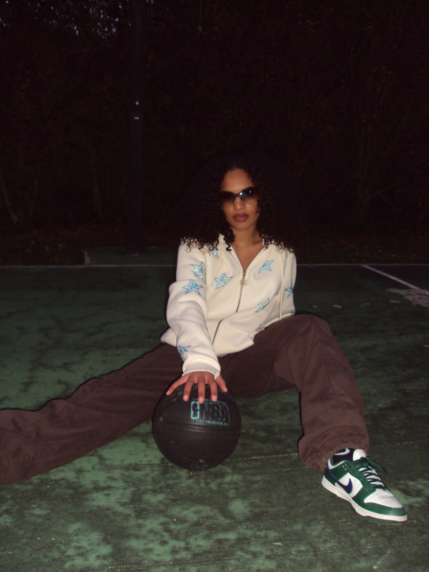Ivory Stars Zip Up Hoodie: Aqua Iridescent Rhinestones