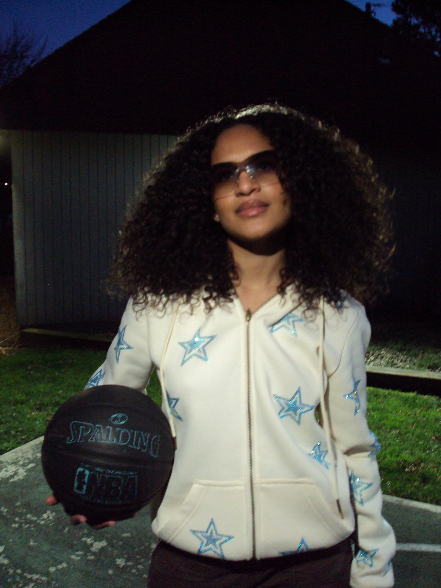 Ivory Stars Zip Up Hoodie: Aqua Iridescent Rhinestones