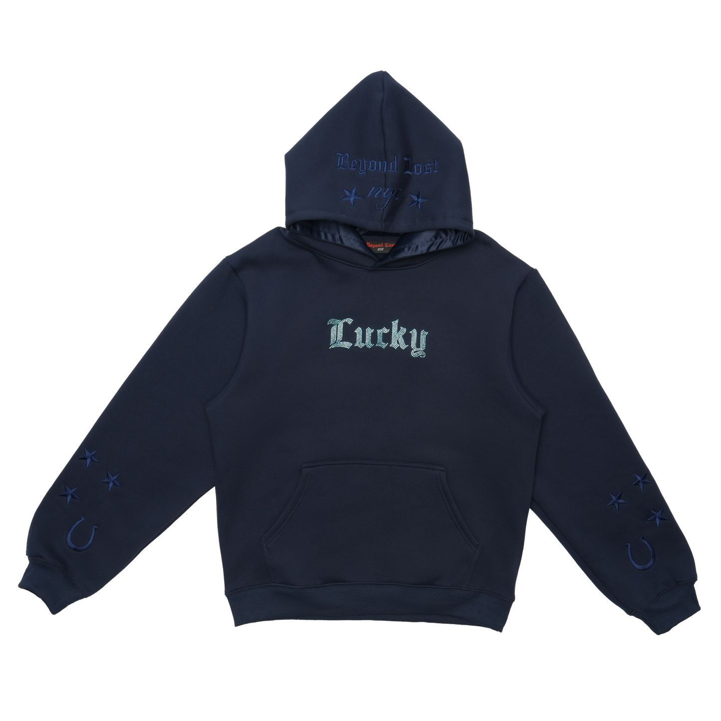 Lucky Collection: Navy Pullover Hoodie Iridescent Rhinestones