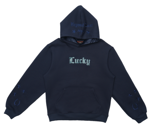 Lucky Collection: Navy Pullover Hoodie Iridescent Rhinestones