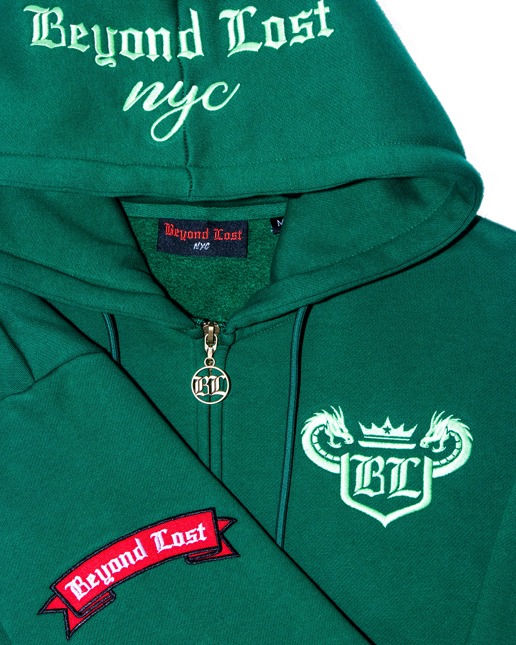 Year of the Dragon Collection: Jade Green Zip Up Hoodie Neon Green Embroidery