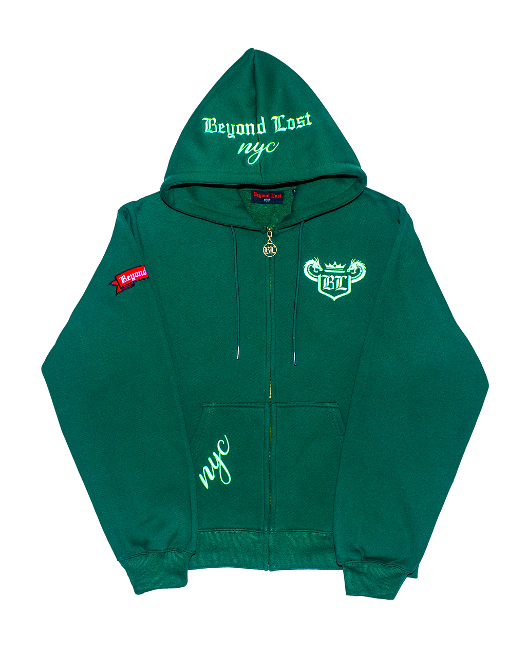Year of the Dragon Collection: Jade Green Zip Up Hoodie Neon Green Embroidery