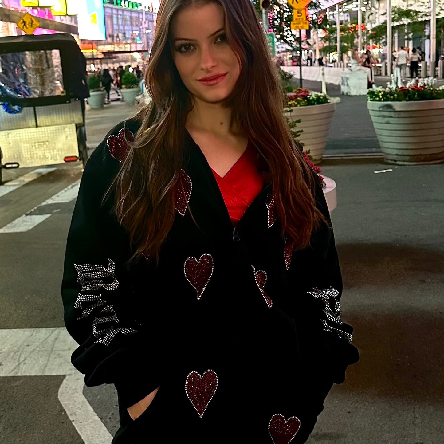 Midnight Black Zip Up Hoodie w/ Diamond Red Rhinestone Hearts: Oversized/Unisex