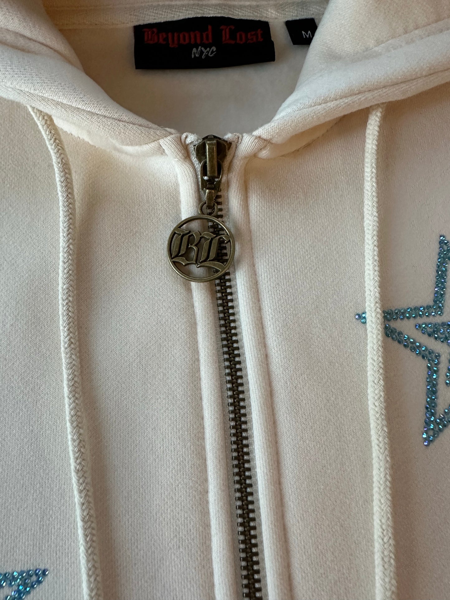 Ivory Stars Zip Up Hoodie: Aqua Iridescent Rhinestones
