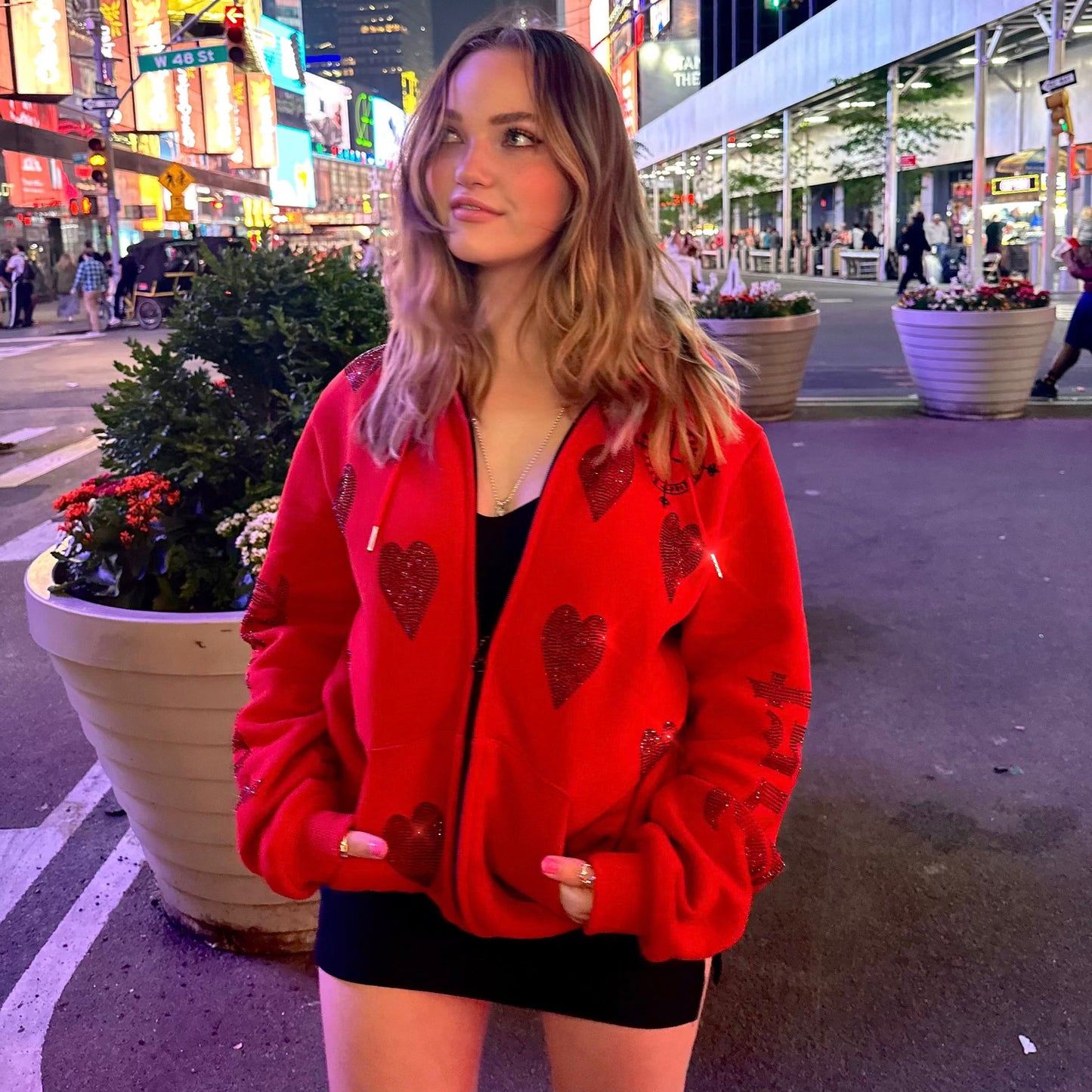 Ruby Red Zip Up Hoodie w/ Jet Black Rhinestone Hearts: Oversized/Unisex