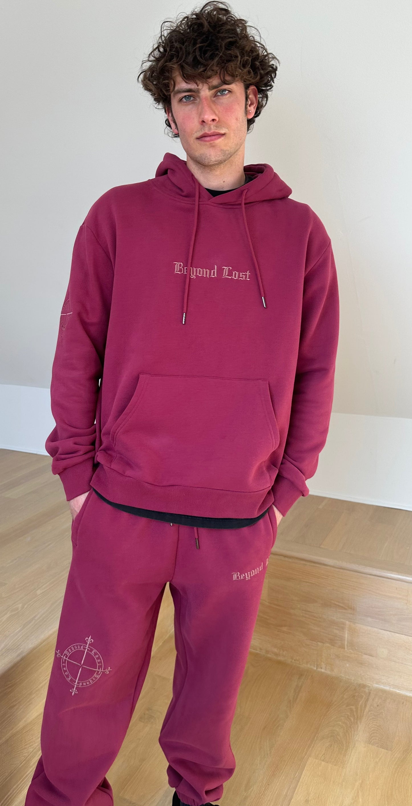 Berry Sweatpants: Light Berry Embroidery, 3 Zip Pockets/Unisex