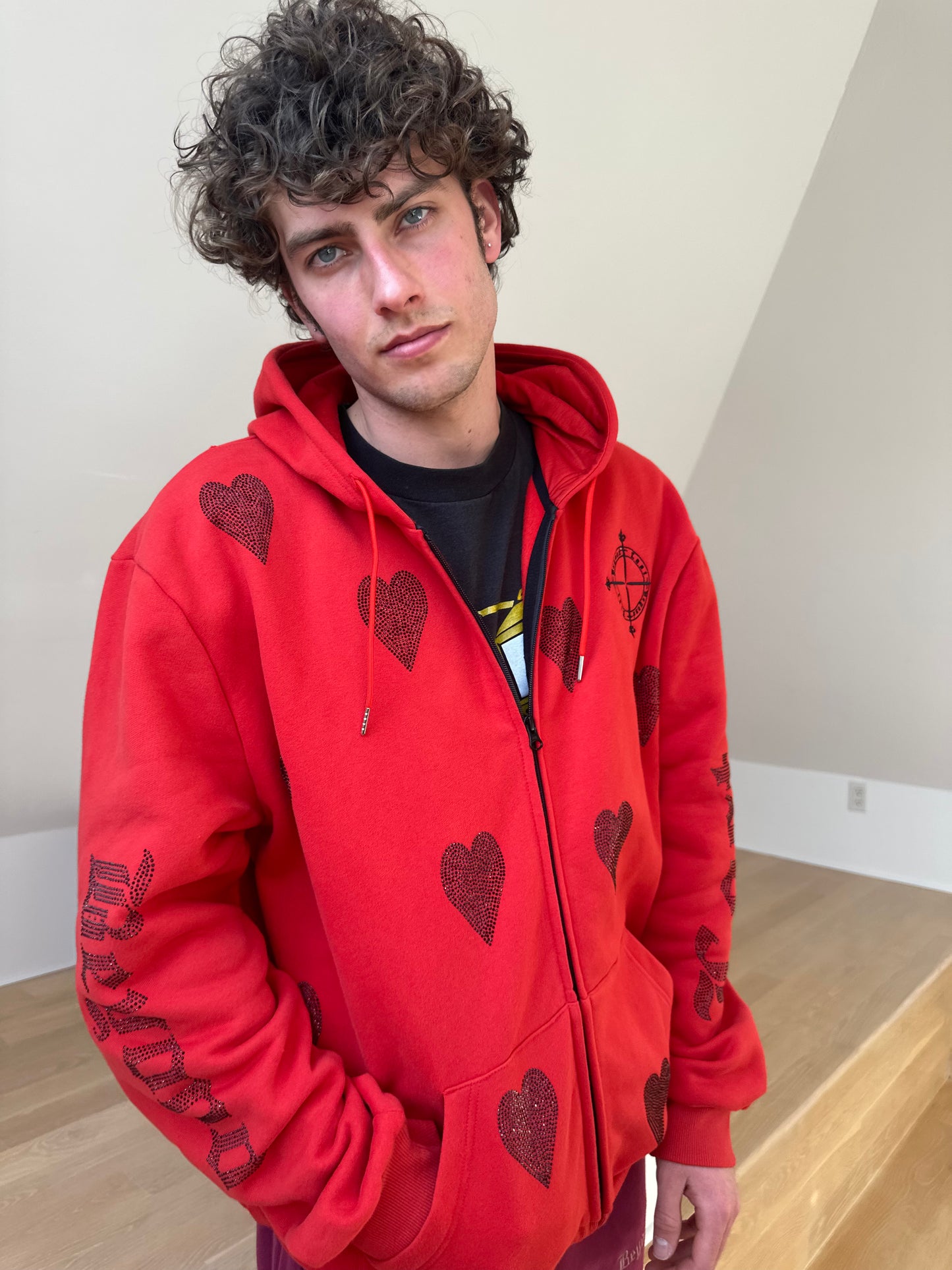 Ruby Red Zip Up Hoodie w/ Jet Black Rhinestone Hearts: Oversized/Unisex