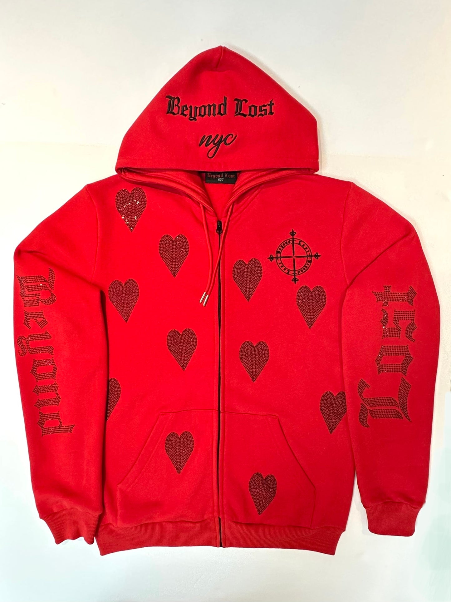 Ruby Red Zip Up Hoodie w/ Jet Black Rhinestone Hearts: Oversized/Unisex