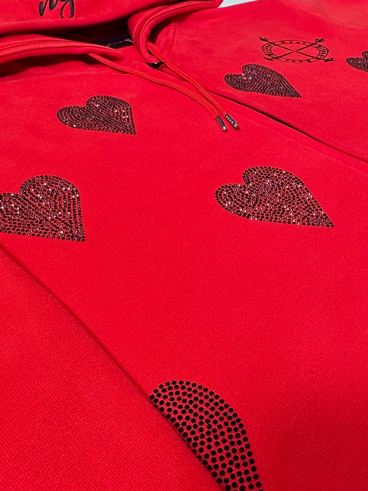 Ruby Red Zip Up Hoodie w/ Jet Black Rhinestone Hearts: Oversized/Unisex