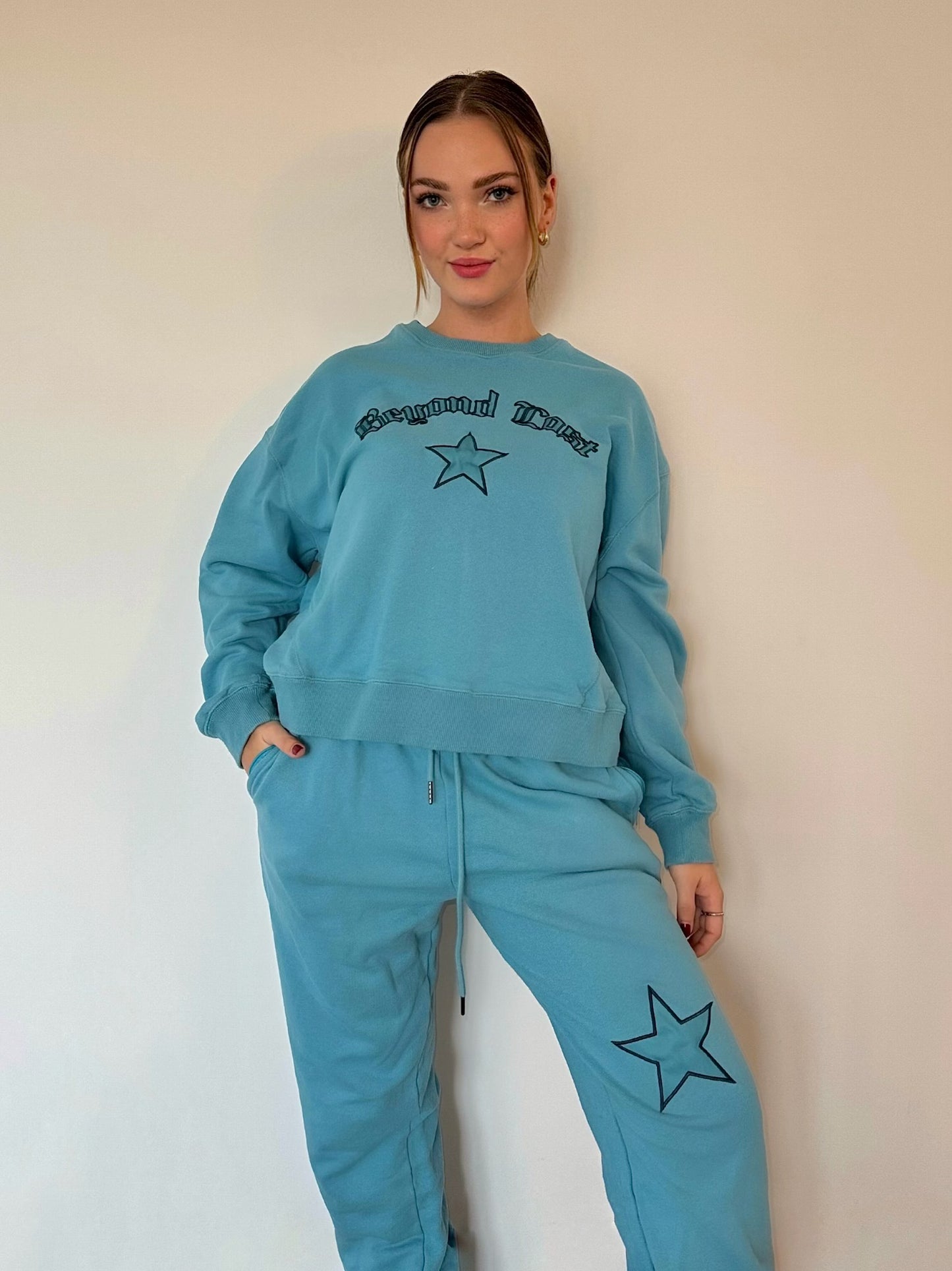 Aqua Blue Waist Length Crewneck Sweatshirt. Lightweight Oversized. Limited Edition!